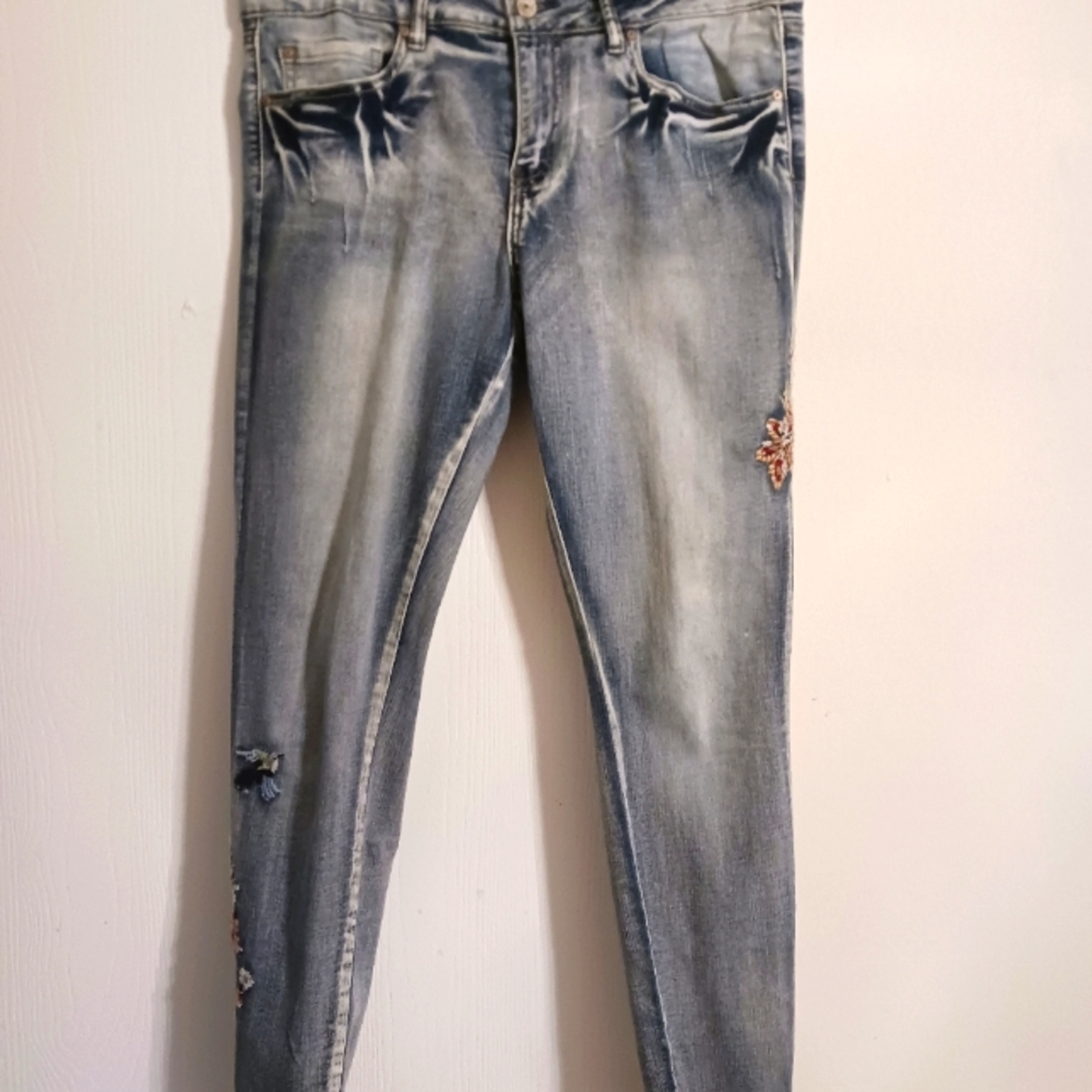Rocks and Indigo stretch skinny leg low-rise Embroidered  jeans sz 14/31.